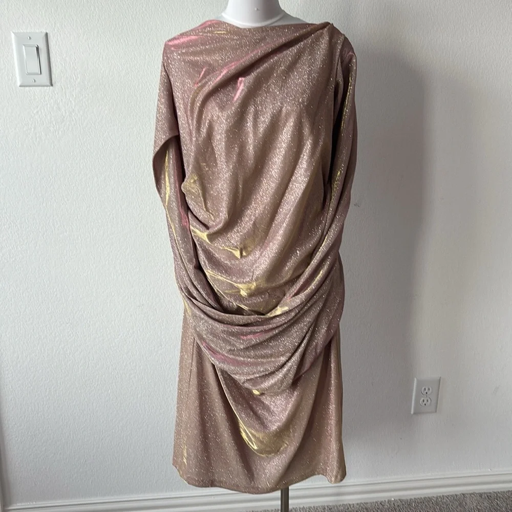 Betsy & Adam Gold and Pink Ruched Sheath Midi Dress - Picture 5 of 14